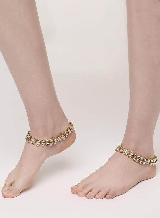 fabula Jewellery Pair of Gold Tone Kundan Ethnic Payal Anklets For Women & Girls Stylish Latest (AVM6_AFR1) - Image 3