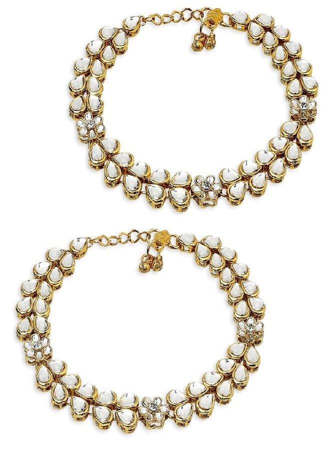 fabula Jewellery Pair of Gold Tone Kundan Ethnic Payal Anklets For Women & Girls Stylish Latest (AVM6_AFR1) - Image 1