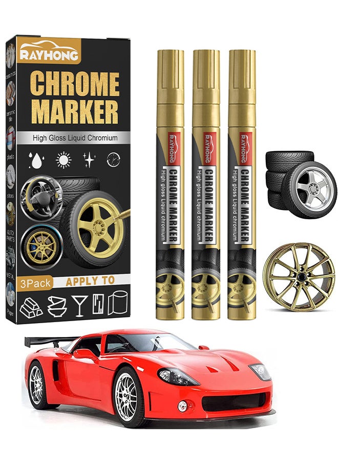 RAYHONG Liquid Chrome Markers, Gold Permanent Reflective Mirror Liquid Chrome Paint Pens, High Gloss Art Car DIY Model Repair Markers For Plastic Metal Glass Ceramic Glass (3PCS, Gold)  - Image 1