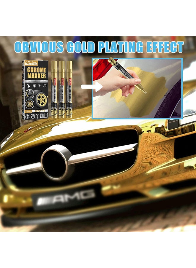 RAYHONG Liquid Chrome Markers, Gold Permanent Reflective Mirror Liquid Chrome Paint Pens, High Gloss Art Car DIY Model Repair Markers For Plastic Metal Glass Ceramic Glass (3PCS, Gold)  - Image 3