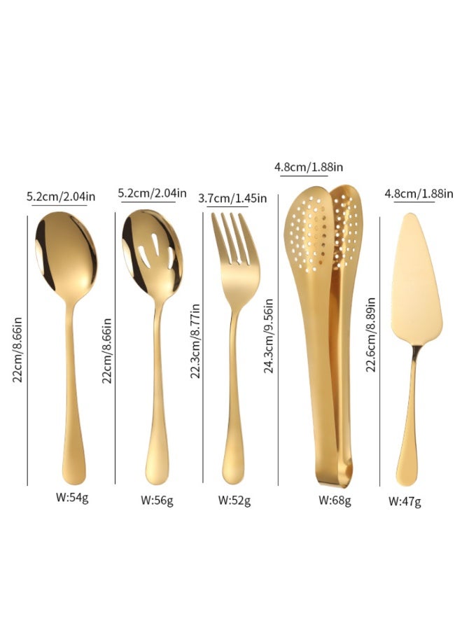 Yalla Pick 5Pcs Stainless Steel Gold Flatware Serving Set, Premium Buffet Utensils with Clamp Utility Spoon Utility Colander Fork Cake shovel, for Wedding, Party, Housewarming, Elegant Table Setting and Gift - Image 2