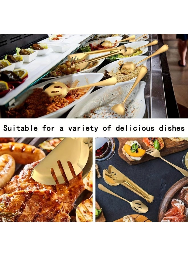 Yalla Pick 5Pcs Stainless Steel Gold Flatware Serving Set, Premium Buffet Utensils with Clamp Utility Spoon Utility Colander Fork Cake shovel, for Wedding, Party, Housewarming, Elegant Table Setting and Gift - Image 3