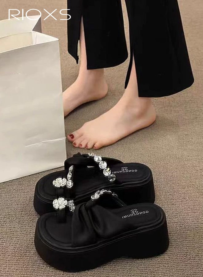 ريوكس صنادل نسائية سميكة ذات نعل سميك، صنادل عصرية مفتوحة من الأمام سهلة الارتداء مع أحجار الراين للسيدات، شبشب مريح للشاطئ في الصيف مع حلقة أصابع القدم للخروج في المنزل على الشاطئ، أسود - Image 2