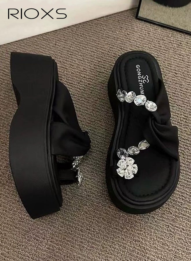 ريوكس صنادل نسائية سميكة ذات نعل سميك، صنادل عصرية مفتوحة من الأمام سهلة الارتداء مع أحجار الراين للسيدات، شبشب مريح للشاطئ في الصيف مع حلقة أصابع القدم للخروج في المنزل على الشاطئ، أسود - Image 3