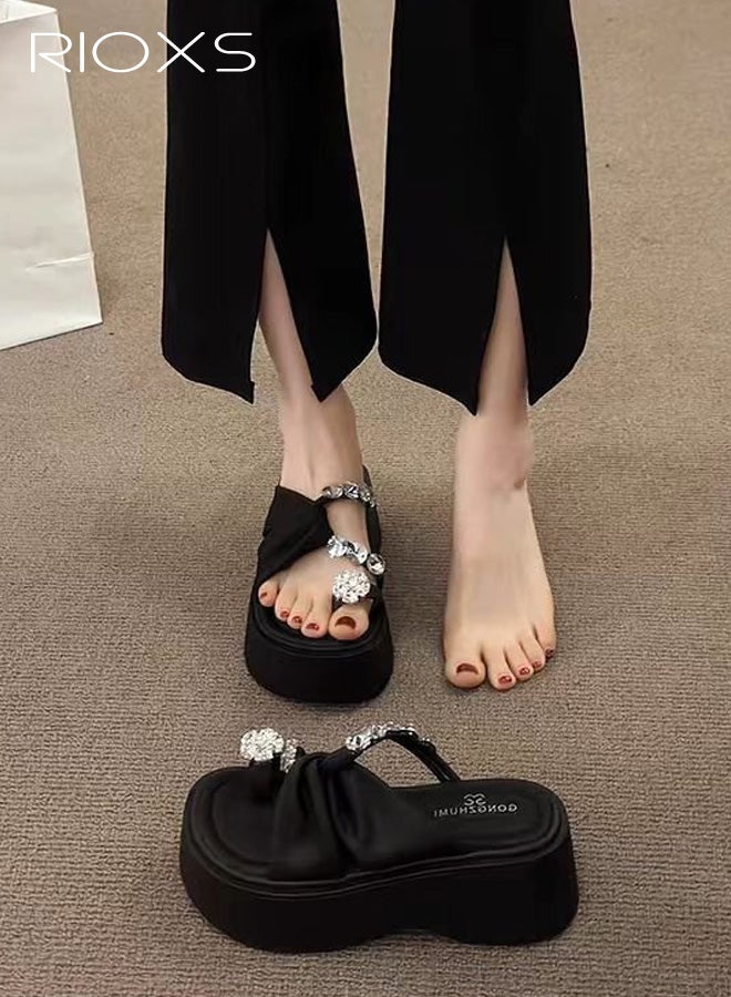 ريوكس صنادل نسائية سميكة ذات نعل سميك، صنادل عصرية مفتوحة من الأمام سهلة الارتداء مع أحجار الراين للسيدات، شبشب مريح للشاطئ في الصيف مع حلقة أصابع القدم للخروج في المنزل على الشاطئ، أسود - Image 4