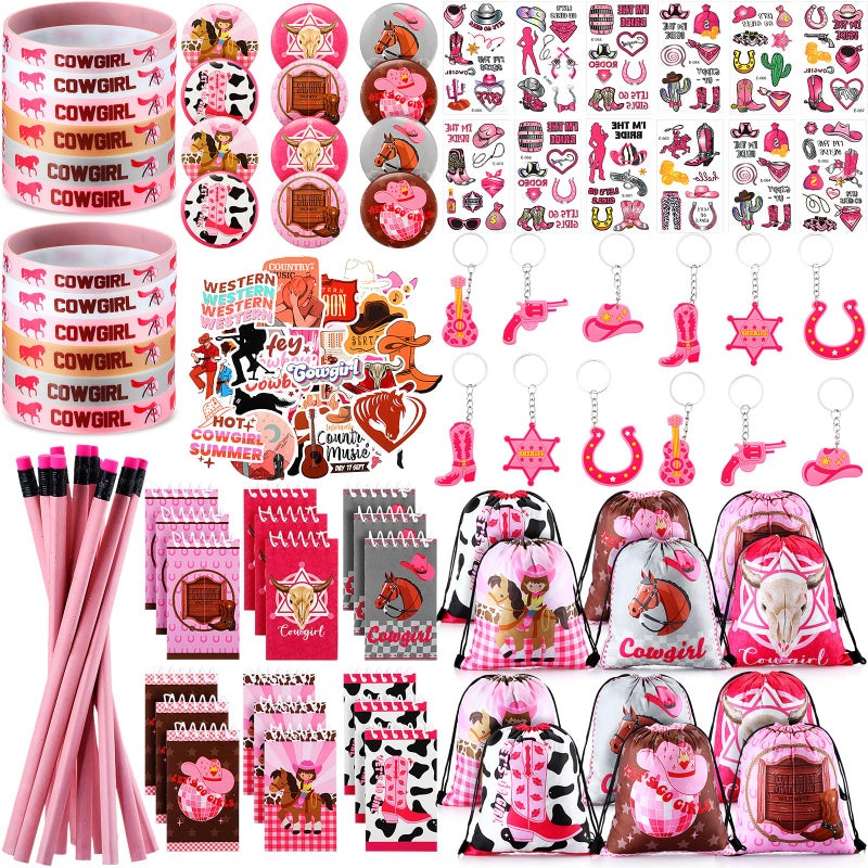 Liliful 140 Pcs Cowgirl Party Favors Include Cowgirl Drawstring Backpacks Bracelets Books Badges Keychains Pink Pencils Pink Horse Stickers Tattoo Stickers for Disco Western Birthday - Image 1