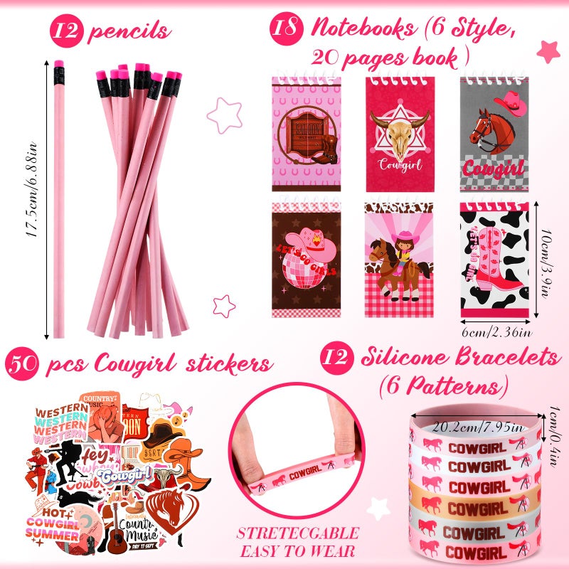 Liliful 140 Pcs Cowgirl Party Favors Include Cowgirl Drawstring Backpacks Bracelets Books Badges Keychains Pink Pencils Pink Horse Stickers Tattoo Stickers for Disco Western Birthday - Image 3