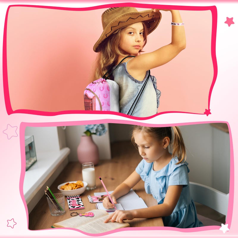 Liliful 140 Pcs Cowgirl Party Favors Include Cowgirl Drawstring Backpacks Bracelets Books Badges Keychains Pink Pencils Pink Horse Stickers Tattoo Stickers for Disco Western Birthday - Image 4