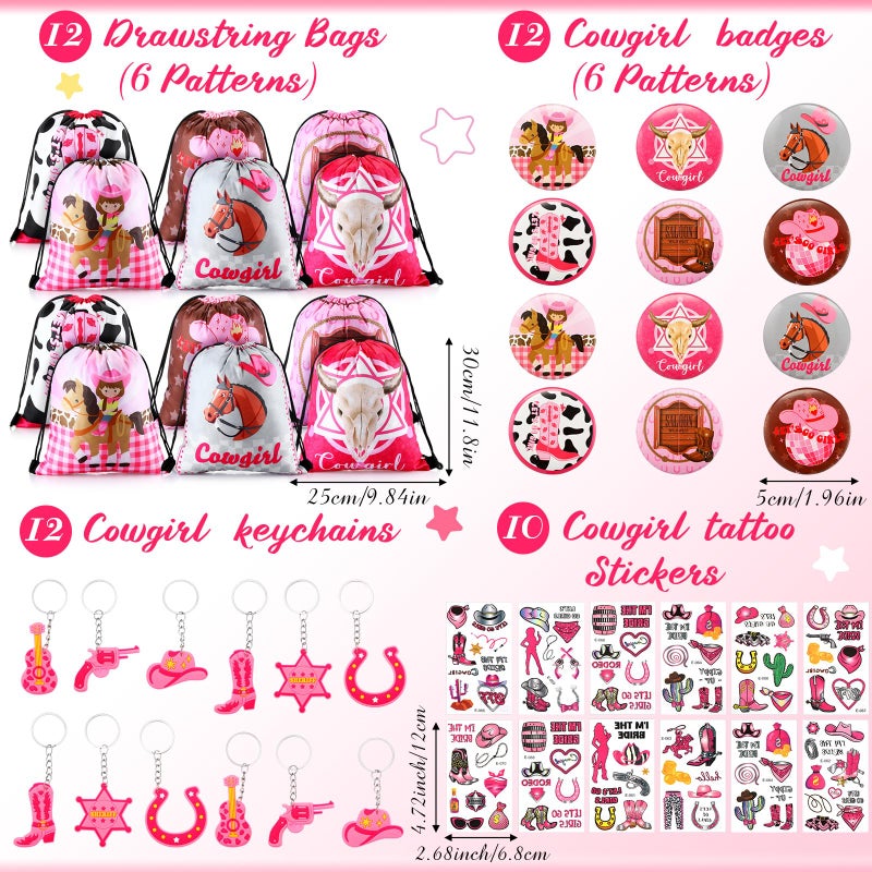 Liliful 140 Pcs Cowgirl Party Favors Include Cowgirl Drawstring Backpacks Bracelets Books Badges Keychains Pink Pencils Pink Horse Stickers Tattoo Stickers for Disco Western Birthday - Image 2