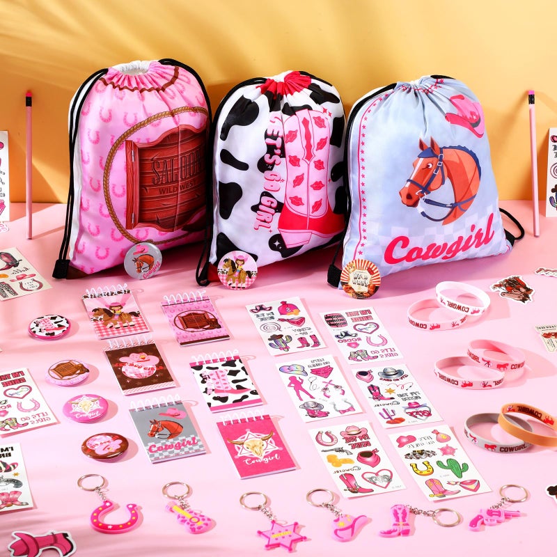Liliful 140 Pcs Cowgirl Party Favors Include Cowgirl Drawstring Backpacks Bracelets Books Badges Keychains Pink Pencils Pink Horse Stickers Tattoo Stickers for Disco Western Birthday - Image 5