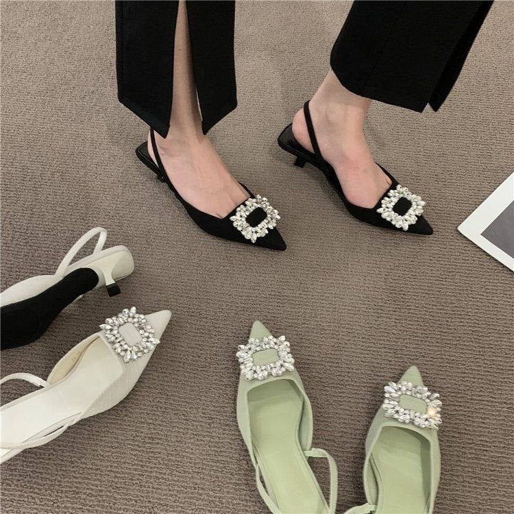 Baotou Sandals for Women 2024 Summer New Style Rhinestone Pointed Toe Stiletto Fashion Versatile Fairy Style French High Heels - Image 3