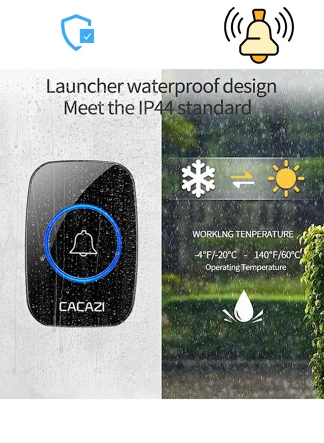 كاكازي جرس باب لاسلكي مقاوم للماء مع فلاش LED ، مدى يزيد عن 1000 قدم ، 60 صوتا و 5 مستويات من الصوت ، جرس باب لاسلكي للمنزل والمكتب والشقة والفندق والمستودع ومضاد للسرقة أسود - Image 2