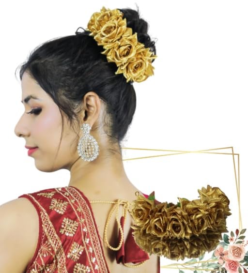 LYF5STAR Artificial Bridal Golden Rose Flower Veni Gajra Hair Juda For Women | Suitable for Traditional Indian Wedding/Marriage/Engagement - Image 1