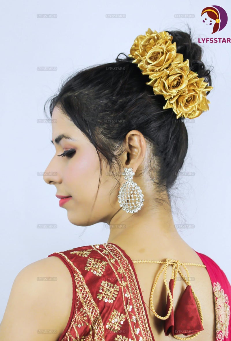 LYF5STAR Artificial Bridal Golden Rose Flower Veni Gajra Hair Juda For Women | Suitable for Traditional Indian Wedding/Marriage/Engagement - Image 5