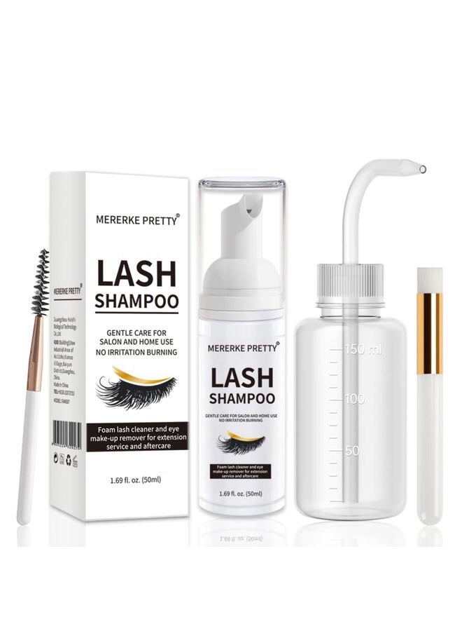 Mererke_Pretty Eyelash Extension Cleanser 50 ml + Brushes + Rinse Bottle Eyelid Foaming Cleanser, Lash Foam Shampoo for Extensions and Natural Lashes, Makeup Remover For Salon and Home Use - Image 1