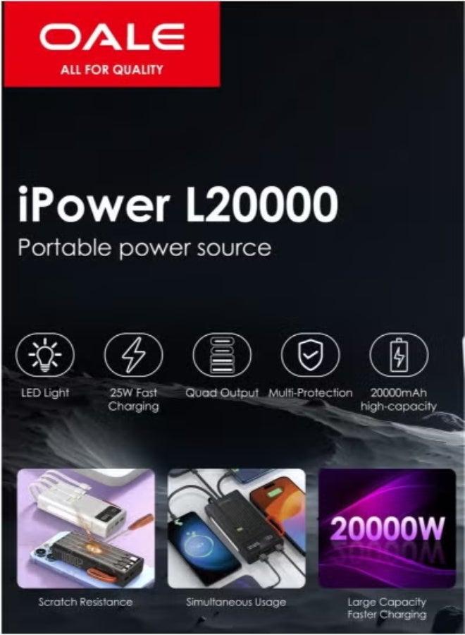 OALE Power Bank with Built-in Cables 20,000mAh – 22.5W PD Super Fast Charging Portable Charger with 4 Output Ports, LED Display, Dual Input, Universal Compatibility for iPhone, Samsung, Tablets & More – Sleek Black Design - Image 4