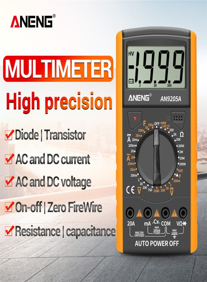 أنينج ANENG AN9205A جهاز قياس متعدد رقمي بشاشة LCD 3 1/2 بوصة، نطاق يدوي، 1999 عداد، جهاز قياس عالمي، تيار متردد/تيار مستمر، مقاومة، سعة، جهاز اختبار ترانزستور، مقياس متعدد الوظائف مع إضاءة خلفية، جهاز اختبار NCV، أصفر - Image 2