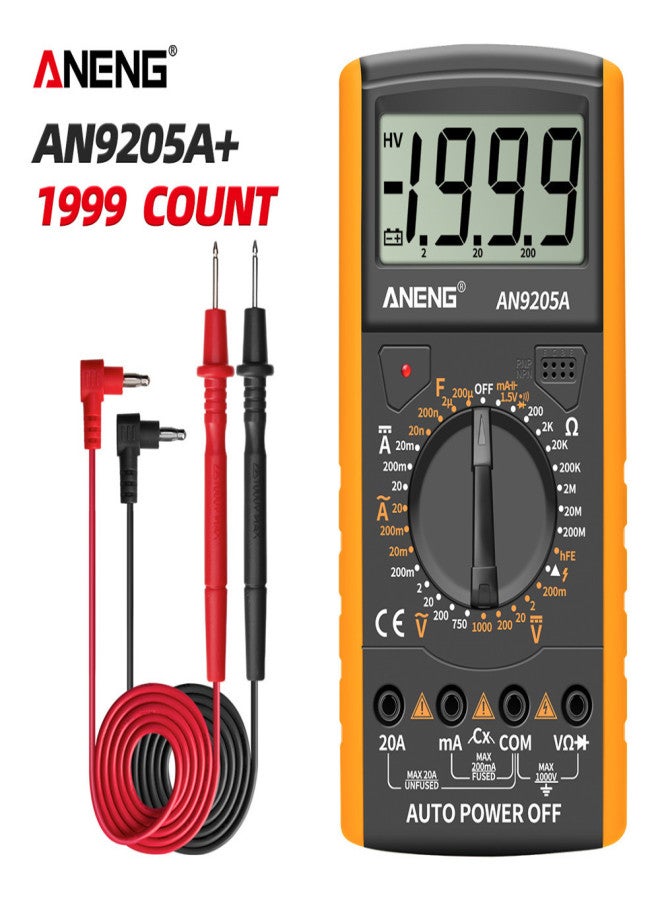 أنينج ANENG AN9205A جهاز قياس متعدد رقمي بشاشة LCD 3 1/2 بوصة، نطاق يدوي، 1999 عداد، جهاز قياس عالمي، تيار متردد/تيار مستمر، مقاومة، سعة، جهاز اختبار ترانزستور، مقياس متعدد الوظائف مع إضاءة خلفية، جهاز اختبار NCV، أصفر - Image 3
