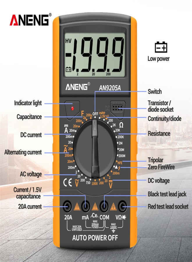 أنينج ANENG AN9205A جهاز قياس متعدد رقمي بشاشة LCD 3 1/2 بوصة، نطاق يدوي، 1999 عداد، جهاز قياس عالمي، تيار متردد/تيار مستمر، مقاومة، سعة، جهاز اختبار ترانزستور، مقياس متعدد الوظائف مع إضاءة خلفية، جهاز اختبار NCV، أصفر - Image 4