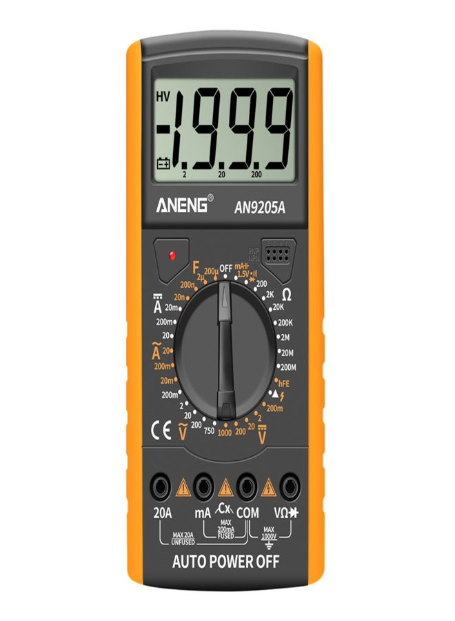 أنينج ANENG AN9205A جهاز قياس متعدد رقمي بشاشة LCD 3 1/2 بوصة، نطاق يدوي، 1999 عداد، جهاز قياس عالمي، تيار متردد/تيار مستمر، مقاومة، سعة، جهاز اختبار ترانزستور، مقياس متعدد الوظائف مع إضاءة خلفية، جهاز اختبار NCV، أصفر - Image 1