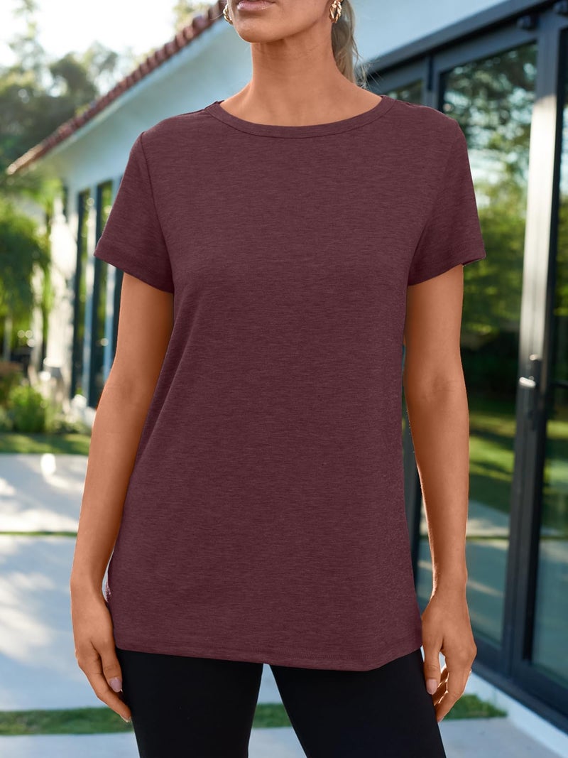 AUTOMET Women's Soft Basic Short Sleeve T-Shirt, Round Neck Tops Casual Tee for Spring Summer Resort Wear 02winered XL - Image 2