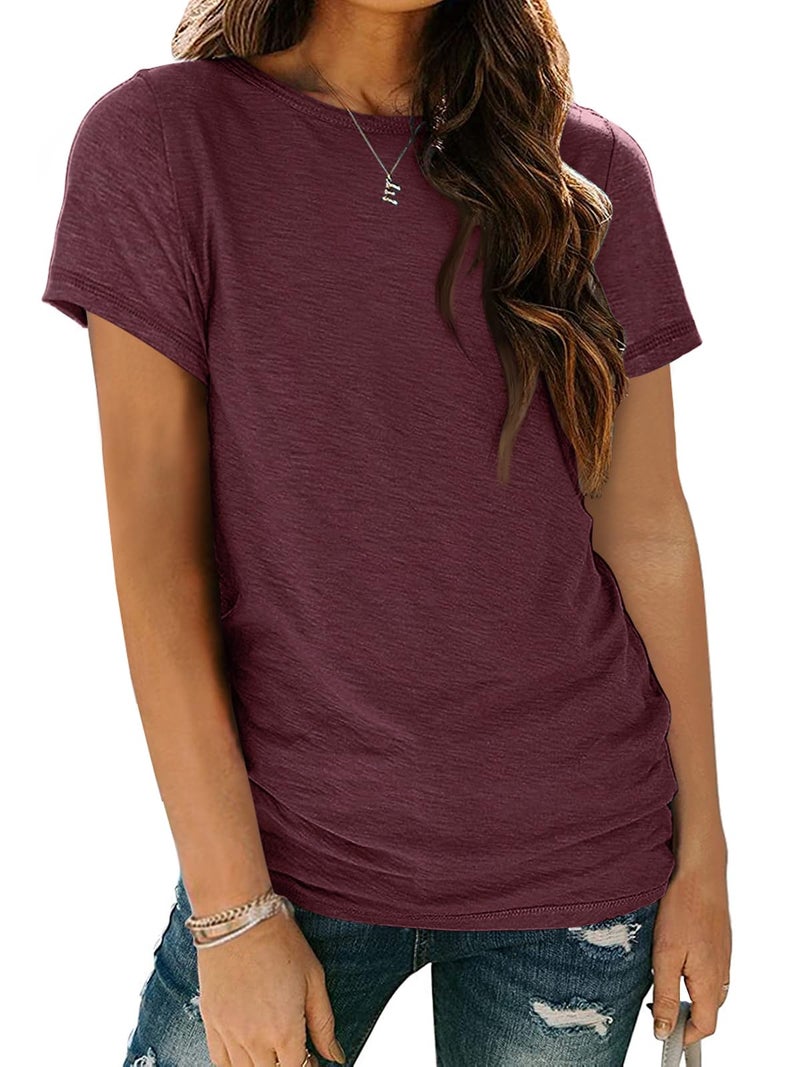 AUTOMET Women's Soft Basic Short Sleeve T-Shirt, Round Neck Tops Casual Tee for Spring Summer Resort Wear 02winered XL - Image 1