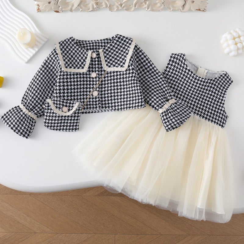 Girls suit Houndstooth Large Lapel Jacket Vest Gauze Skirt Three-piece Set Korean Style Mesh Two-piece dress Black 