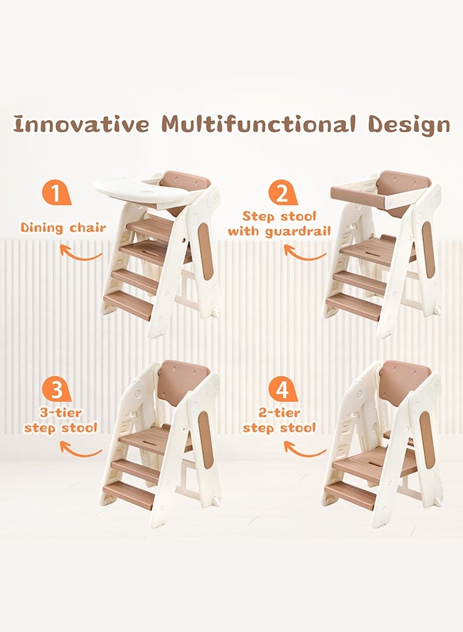 XiuWoo 4-in-1 Convertible Toddler Tower & Step Stool - Adjustable Height Learning Tower with Safety Rail & Removable Tray | Foldable Design for Kitchen Counter, Bathroom Sink (khaki) - Image 3