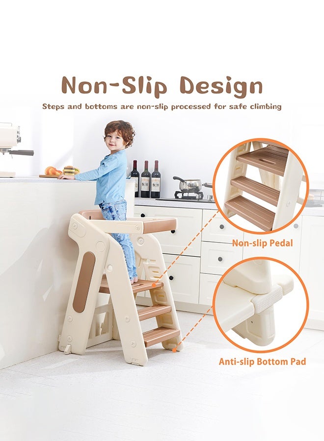 XiuWoo 4-in-1 Convertible Toddler Tower & Step Stool - Adjustable Height Learning Tower with Safety Rail & Removable Tray | Foldable Design for Kitchen Counter, Bathroom Sink (khaki) - Image 5