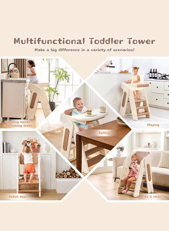 XiuWoo 4-in-1 Convertible Toddler Tower & Step Stool - Adjustable Height Learning Tower with Safety Rail & Removable Tray | Foldable Design for Kitchen Counter, Bathroom Sink (khaki) - Image 4