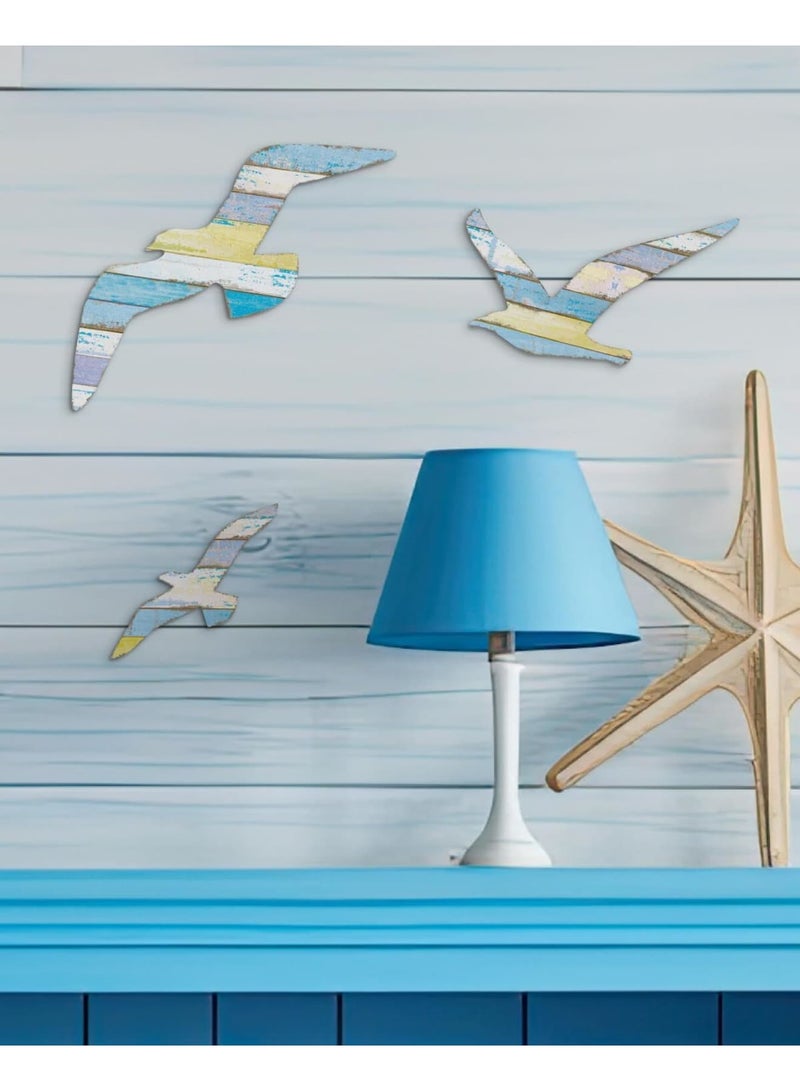 SYOSI ديكور حائط طائر النورس الخشبي، 3 قطع من الفن الساحلي الخشبي مع تصميم لاصق ذاتي لتسهيل التركيب، تماثيل طيور البحر البحرية لتزيين المنزل أو الحمام أو غرفة المعيشة أو بيت الشاطئ - Image 3
