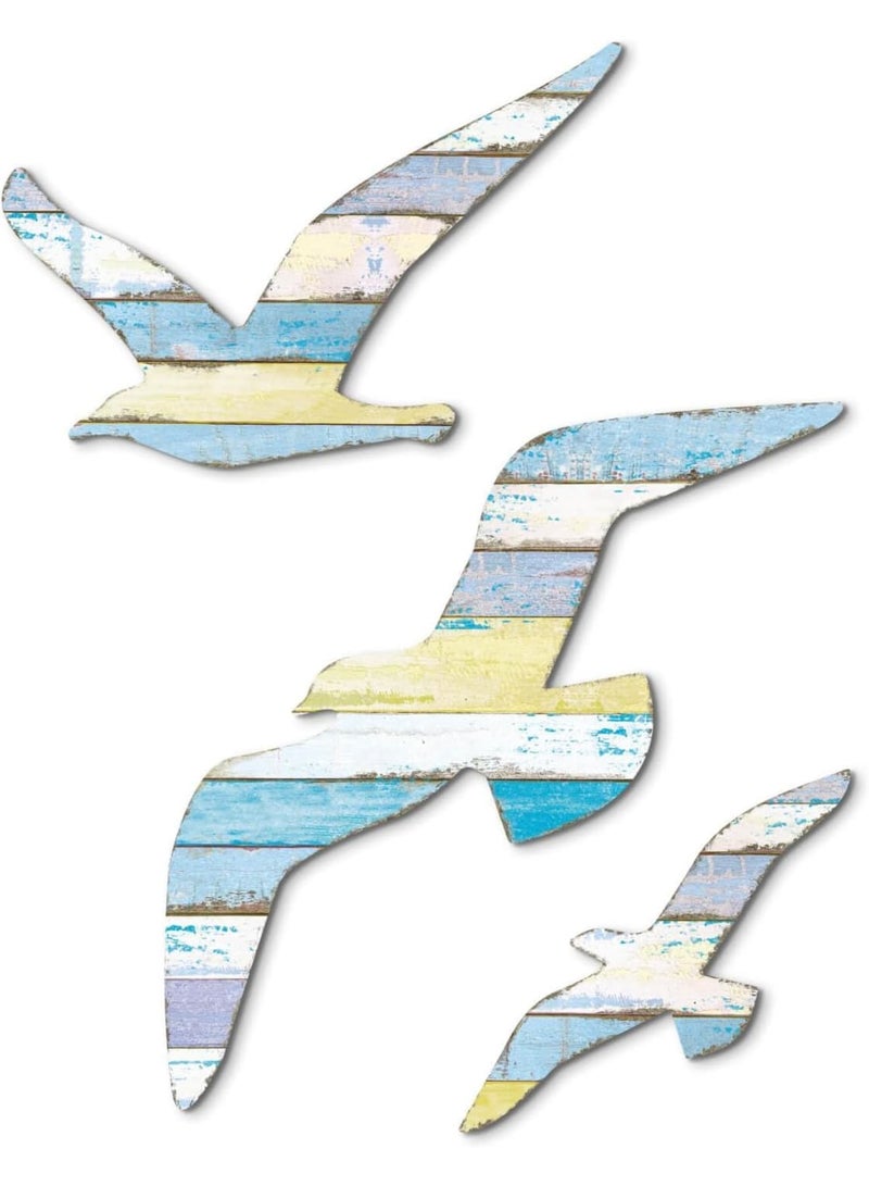 SYOSI ديكور حائط طائر النورس الخشبي، 3 قطع من الفن الساحلي الخشبي مع تصميم لاصق ذاتي لتسهيل التركيب، تماثيل طيور البحر البحرية لتزيين المنزل أو الحمام أو غرفة المعيشة أو بيت الشاطئ - Image 1