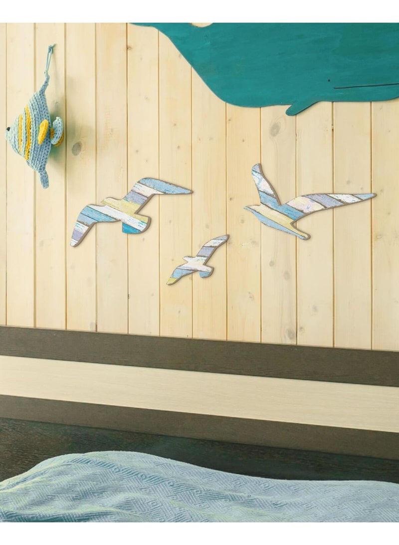 SYOSI ديكور حائط طائر النورس الخشبي، 3 قطع من الفن الساحلي الخشبي مع تصميم لاصق ذاتي لتسهيل التركيب، تماثيل طيور البحر البحرية لتزيين المنزل أو الحمام أو غرفة المعيشة أو بيت الشاطئ - Image 4