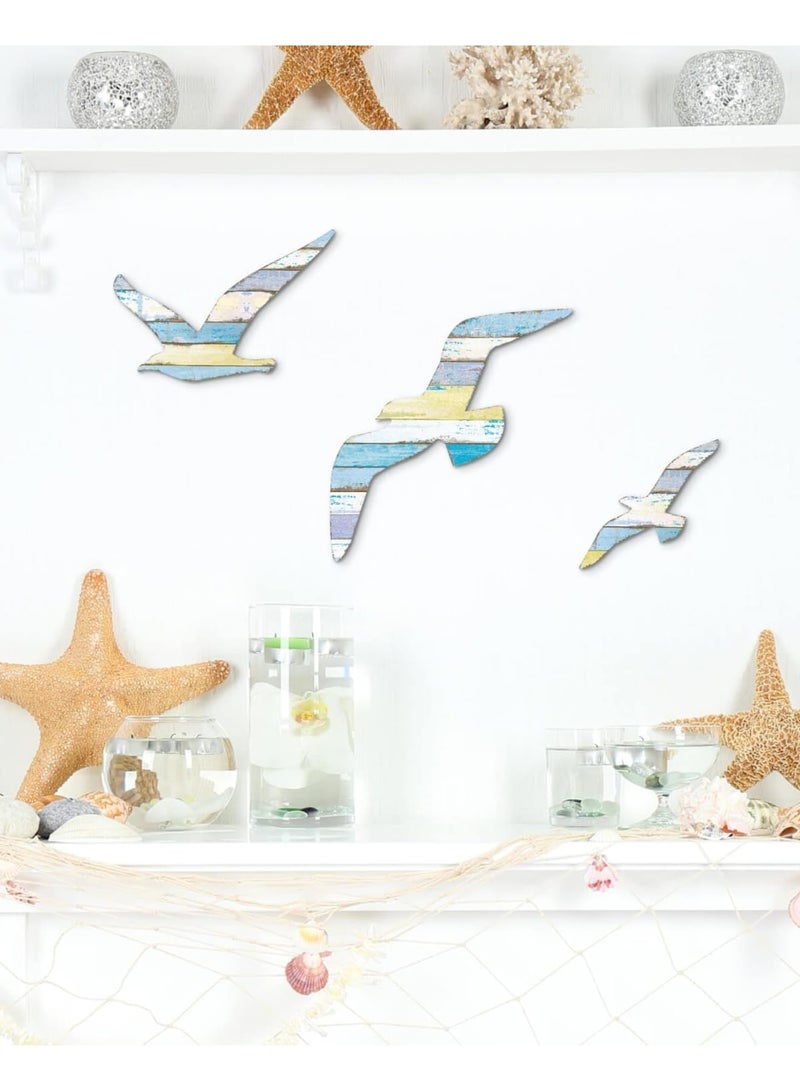 SYOSI ديكور حائط طائر النورس الخشبي، 3 قطع من الفن الساحلي الخشبي مع تصميم لاصق ذاتي لتسهيل التركيب، تماثيل طيور البحر البحرية لتزيين المنزل أو الحمام أو غرفة المعيشة أو بيت الشاطئ - Image 2