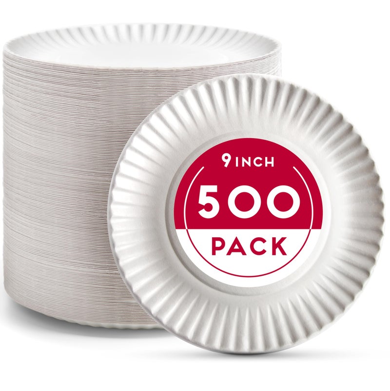 Alitte 9-Inch Disposable Paper Plates - 500 Count - Bulk Pack of Uncoated Paper Plates for Everyday Use - Dinnerware for Meals, Parties And Picnics - Image 1