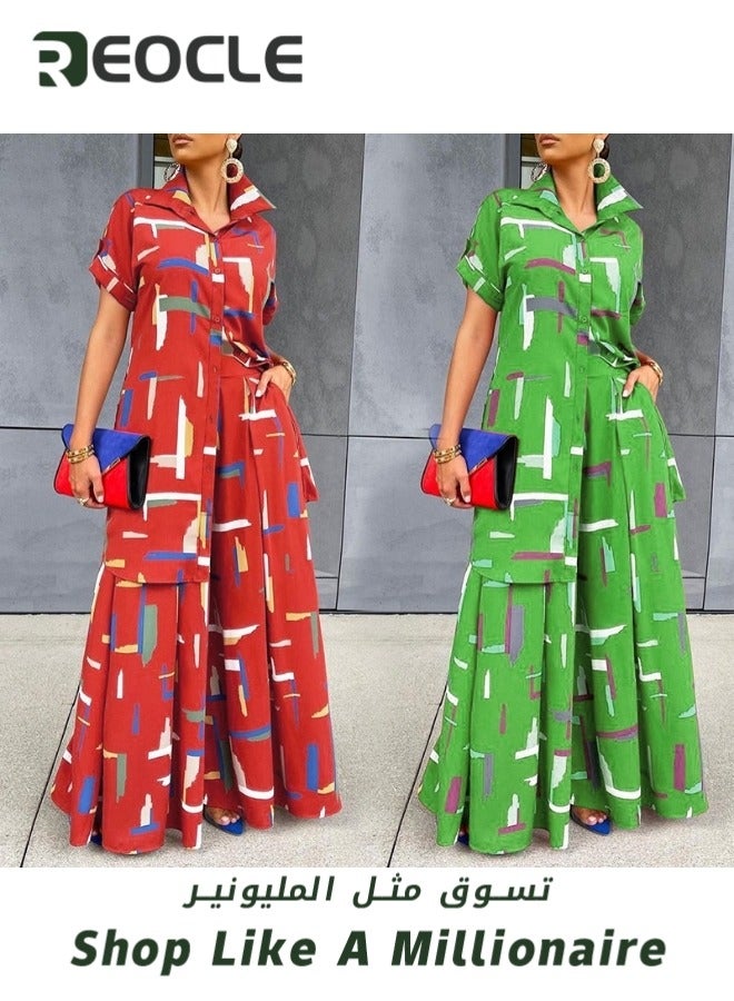 REOCLE Women’s 2 Piece Outfit Short Sleeve Collar Button Down Shirt High Waist Wide Leg Pants Sets Casual Loose  Printed Sets - Image 2