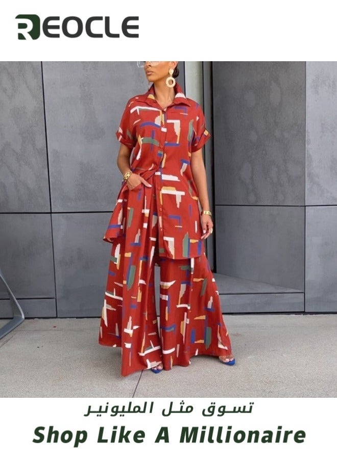 REOCLE Women’s 2 Piece Outfit Short Sleeve Collar Button Down Shirt High Waist Wide Leg Pants Sets Casual Loose  Printed Sets - Image 3