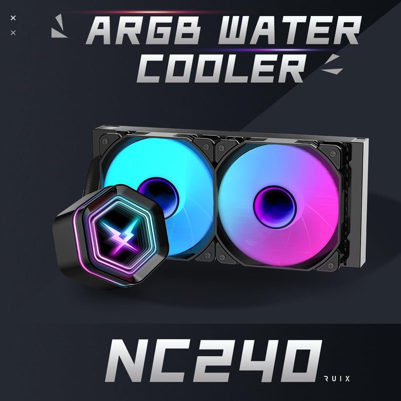 RUIX NC240 ARGB AIO CPU Liquid Cooler, 240mm High-Efficiency CPU Water Cooling with High-Speed Ceramic Bearing Pump, 2X PWM ARGB Fans, Intel LGA 1851/1700/1200/115X/2011, AMD AM5/AM4 - Black - Image 2