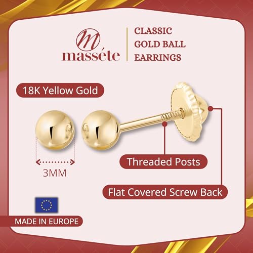 Massete 18k Yellow Gold 3mm Ball Stud Earrings for Women Girls and babies Screwback | Nickel Free - Image 2