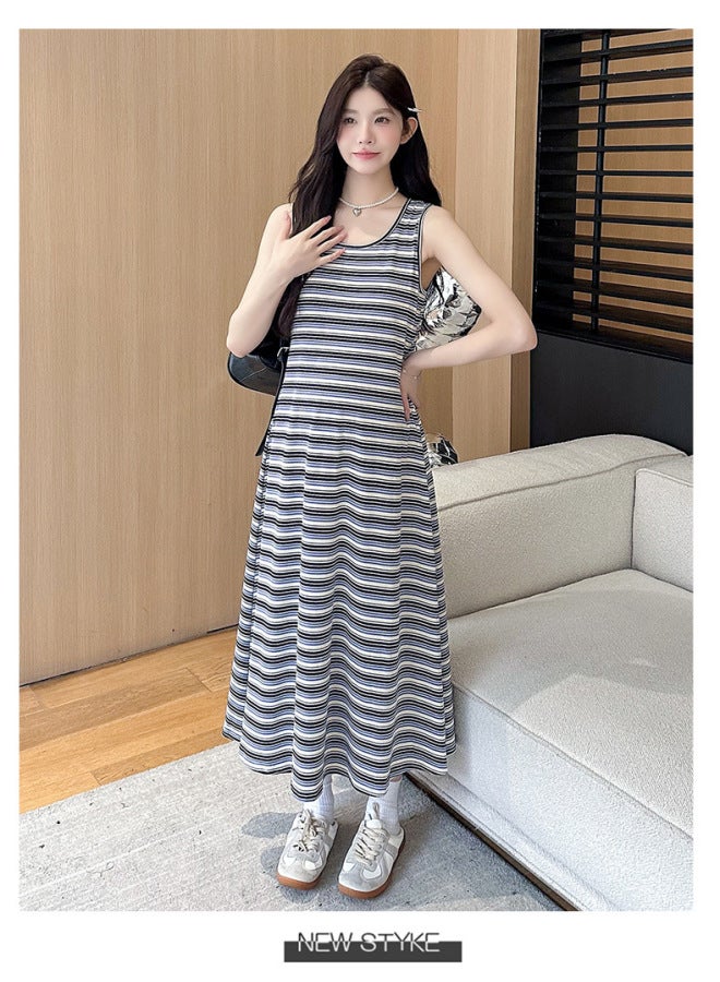 Pregnant Women's Clothing Spring And Autumn Fashion Dress Trendy Mom's New Plus Size Stripe Long Suspender Skirt Age-reducing Two-piece Set 