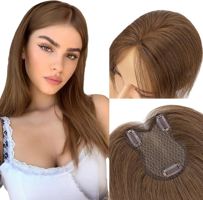 MYLADY Silk Base Human Hair Topper Medium Brown Real Topper Middle Side Part Human Hair for ThinningHair Women Clip in Extensions Cover Hairpieces 11 Inch 4