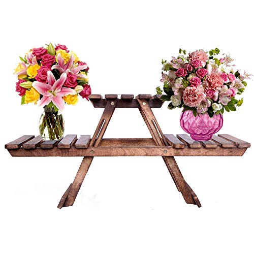 VDIX Wood Ladder Shelf,Foldable Plant Flower Stand,3 Tier Indoor Outdoor Plant Display Shelf,Balcony Flower Shelf Pot Rack,Free Standing Vintage Wood Stand with Shelves,Brown - Image 1