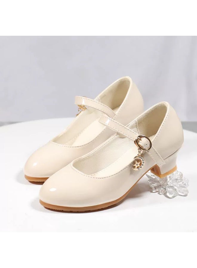 Girls' Ivory Patent Mary Jane Low Heel Dress Shoes, Kids' Formal Party Pumps with Rhinestone Charm for Weddings & Special Occasions