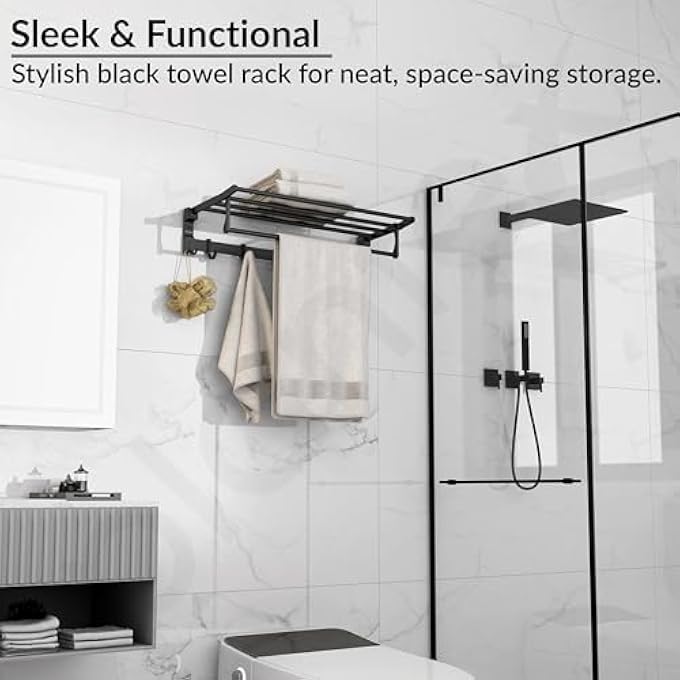 حامل مناشف قابل للطي من الألومنيوم للحمام، حامل مناشف للحمام، شماعة مناشف، ملحقات حمام، مقاس 24 بوصة، أسود - Image 5