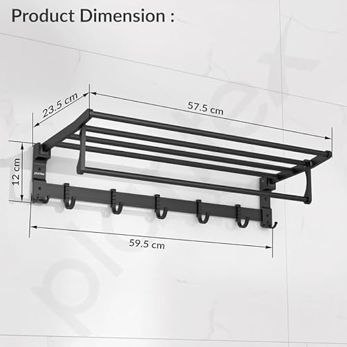 حامل مناشف قابل للطي من الألومنيوم للحمام، حامل مناشف للحمام، شماعة مناشف، ملحقات حمام، مقاس 24 بوصة، أسود - Image 2