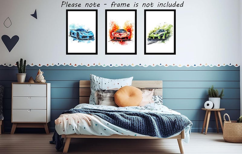 Eviepops Prints Supercars Set of 3 Unframed Poster for Boy Girl Nursery Bedroom Playroom, Watercolour Design, Wall Art Transport Decor, Fast Racing Cars, Blue Red Green (A4) - Image 2