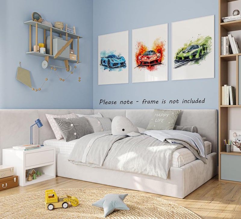 Eviepops Prints Supercars Set of 3 Unframed Poster for Boy Girl Nursery Bedroom Playroom, Watercolour Design, Wall Art Transport Decor, Fast Racing Cars, Blue Red Green (A4) - Image 3
