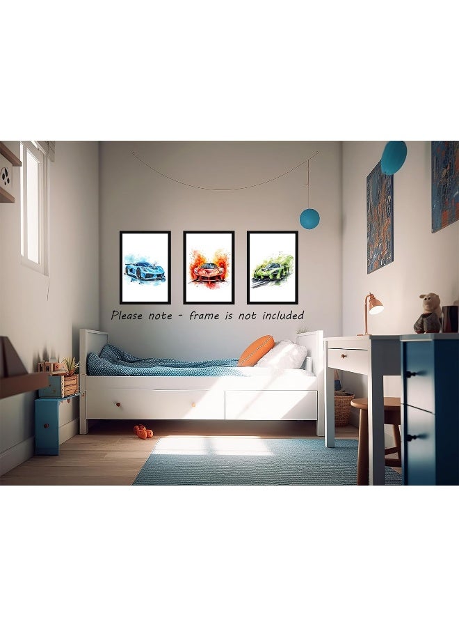 Eviepops Prints Supercars Set of 3 Unframed Poster for Boy Girl Nursery Bedroom Playroom, Watercolour Design, Wall Art Transport Decor, Fast Racing Cars, Blue Red Green (A4) - Image 5