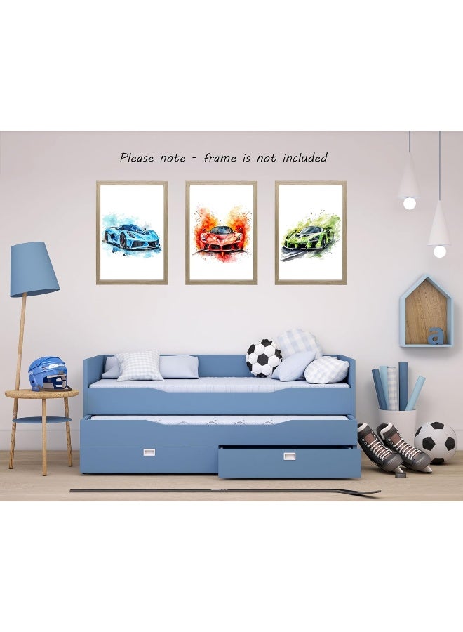 Eviepops Prints Supercars Set of 3 Unframed Poster for Boy Girl Nursery Bedroom Playroom, Watercolour Design, Wall Art Transport Decor, Fast Racing Cars, Blue Red Green (A4) - Image 4