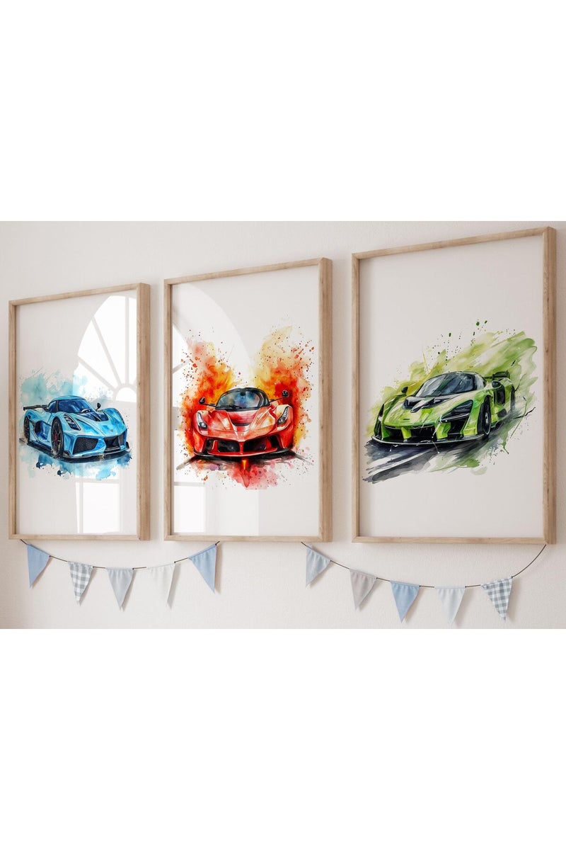 Eviepops Prints Supercars Set of 3 Unframed Poster for Boy Girl Nursery Bedroom Playroom, Watercolour Design, Wall Art Transport Decor, Fast Racing Cars, Blue Red Green (A4) - Image 1